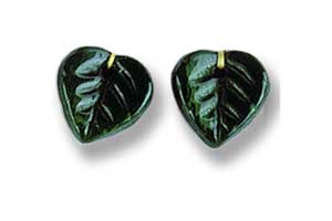 10mm Czech Pressed Glass Heart Leaves Beads-Dark Green Satin