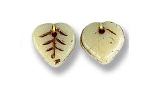 10mm Czech Pressed Glass Heart Leaves Beads-Beige with Brown Wash