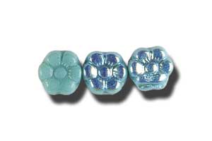 8mm Czech Pressed Glass Flower Beads-Opaque Turquoise Green AB