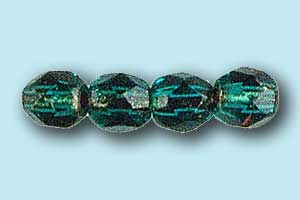 4mm Czech Faceted Round Fire Polish Beads - Copper Lined Emerald Green
