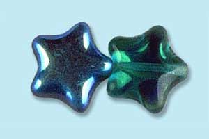 12mm Czech Pressed Glass Star Beads-Emerald Green AB Aurora Borealis