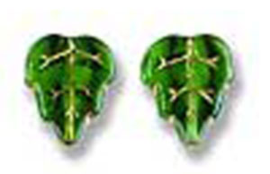 12x10mm Czech Pressed Glass Leaves Beads-Kelly Green with Gold Veins