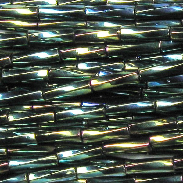 30mm, 1.25" Czech Twist Bugle Bead, Green Iris