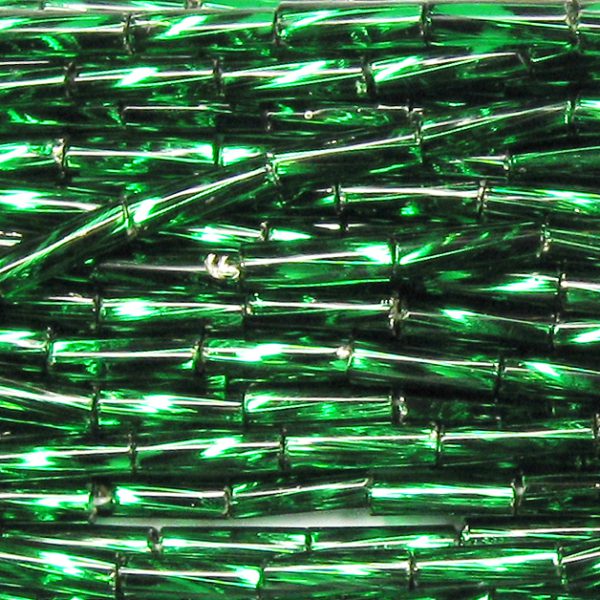 20mm, .75" Czech Twist Bugle Bead, Silver Lined Dark Kelly Green