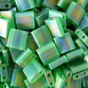 5mm Square Tila Bead, Frosted Kelly Green AB