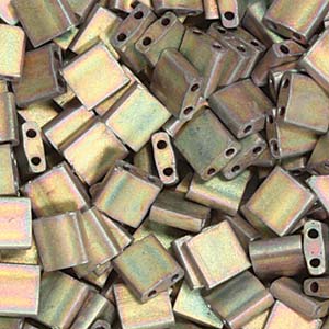 5mm Square Tila Bead, Frosted Metallic Rosey Olive AB