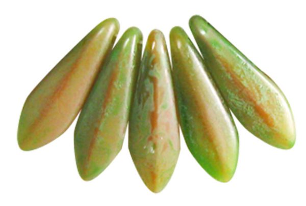 5x16mm Dagger Beads, Opaque Olive Green/Pink