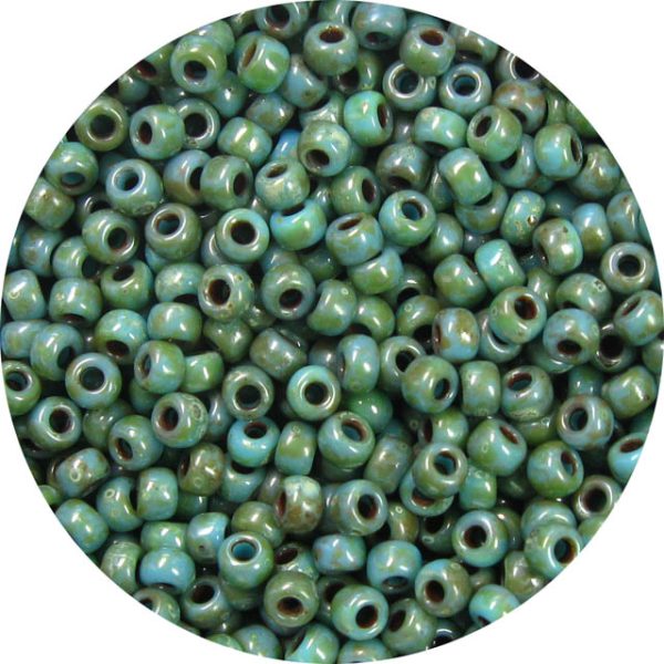 8/0 Japanese Seed Bead, Opaque Green Turquoise Picasso