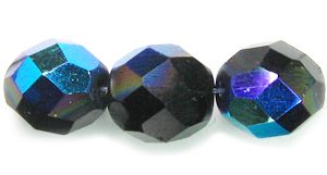 8mm Czech Faceted Round Fire Polish Beads - Black AB