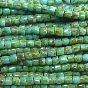 9/0 Czech Three Cut Seed Bead, Opaque Green Turquoise Picasso