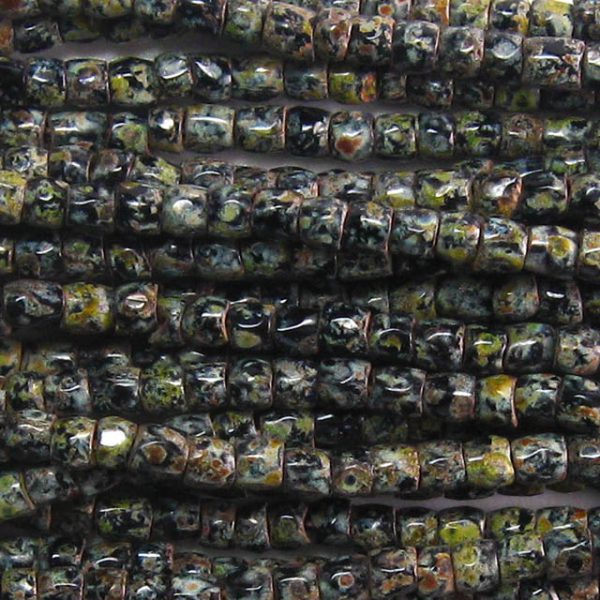 9/0 Czech Three Cut Seed Bead, Opaque Black Picasso