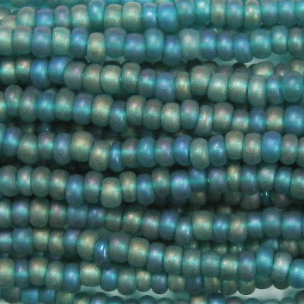 8/0 Czech Seed Bead, Frosted Transparent Emerald Green AB