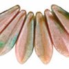 5x16mm Dagger Beads, Opaque Olive Green/Pink Luster