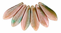 5x16mm Dagger Beads, Opaque Olive Green/Pink Luster