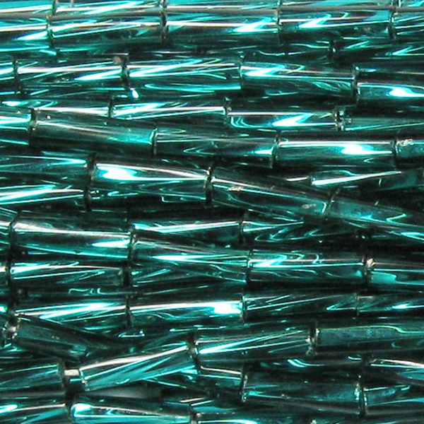 20mm, .75" Czech Twist Bugle Bead, Silver Lined Emerald Green