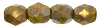 4mm Czech Faceted Round Fire Polish Beads - Opaque Yellow Bronze Picasso