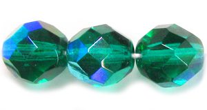 8mm Czech Faceted Round Fire Polish Beads - Emerald AB