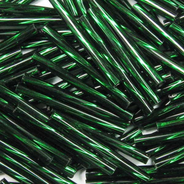 30mm, 1.25" Czech Twist Bugle Bead, Silver Lined Bottle Green