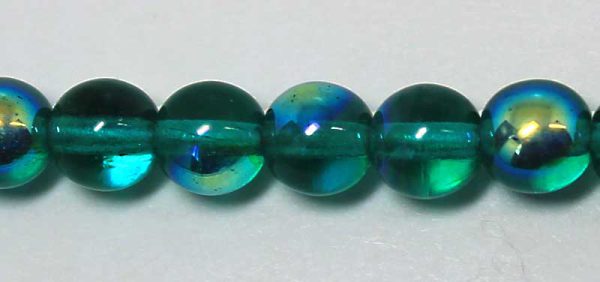 6mm Czech Pressed Glass Round Druk Beads-Emerald Green AB Aurora Borealis