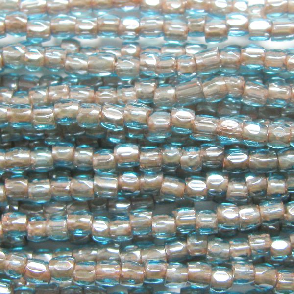 9/0 Czech Three Cut Seed Bead, Beige Lined Aqua Blue