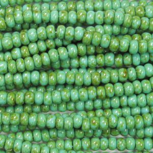11/0 Czech Seed Bead, Opaque Green Turquoise Travertine