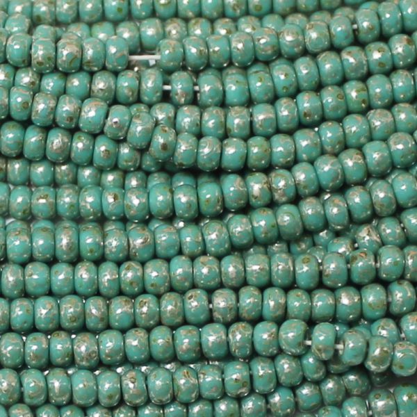 6/0 Czech Seed Bead, Opaque Green Turquoise Moon Picasso
