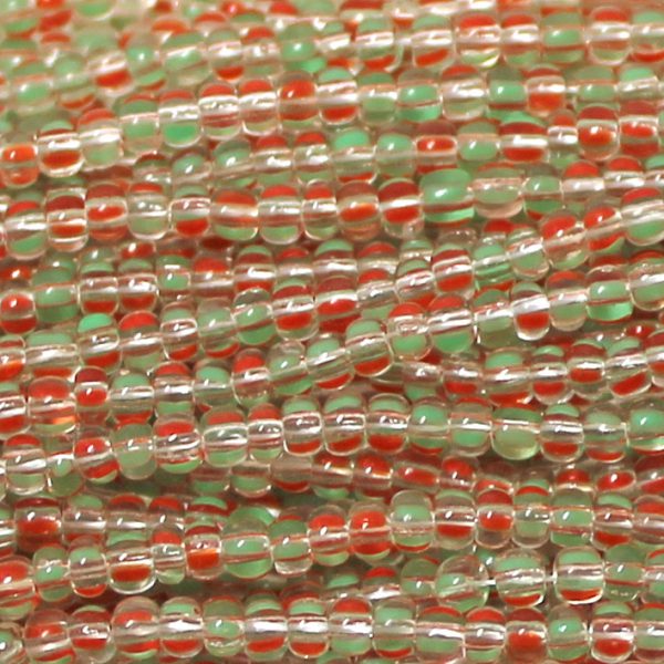 10/0 Czech Seed Bead, Transparent Crystal with Red and Green Stripes