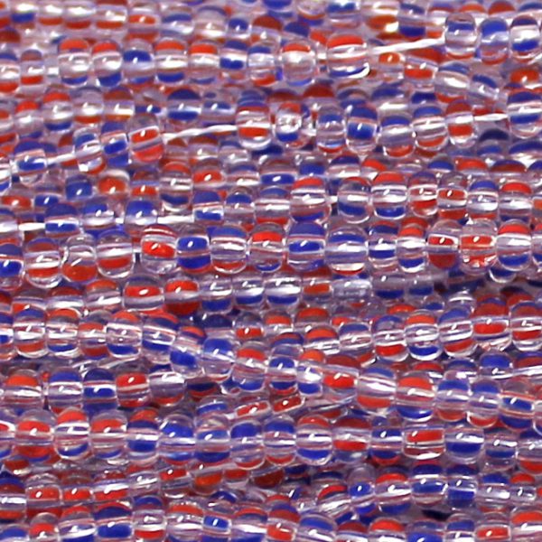 10/0 Czech Seed Bead, Transparent Crystal with Red and Blue Stripes