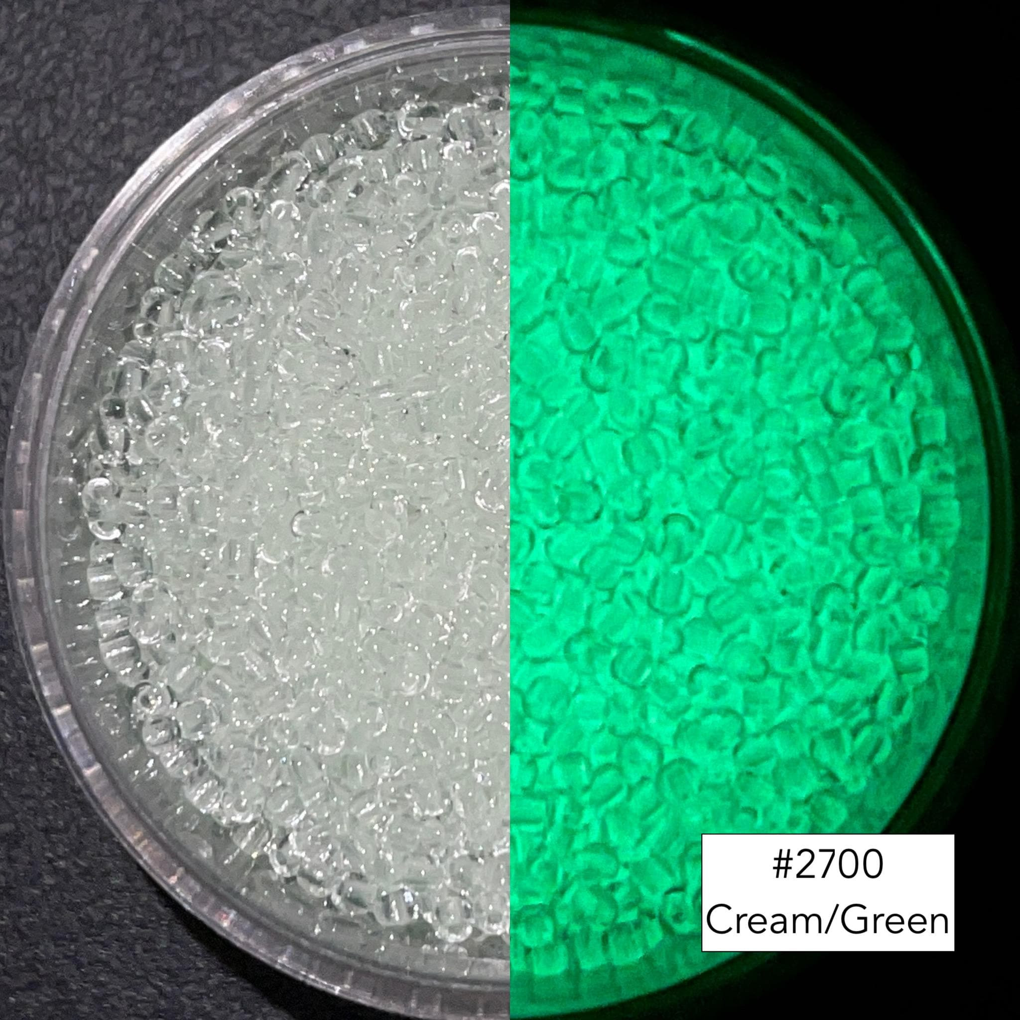 Japanese Toho Seed Bead Glow in the Dark Cream glows Green